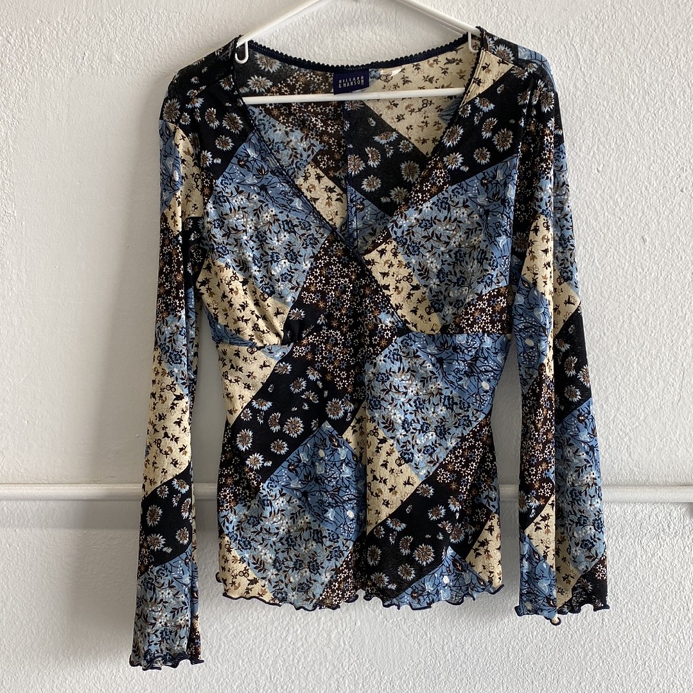 Y2k vintage boho floral patchwork blouse long sleeve blue brown tan large
